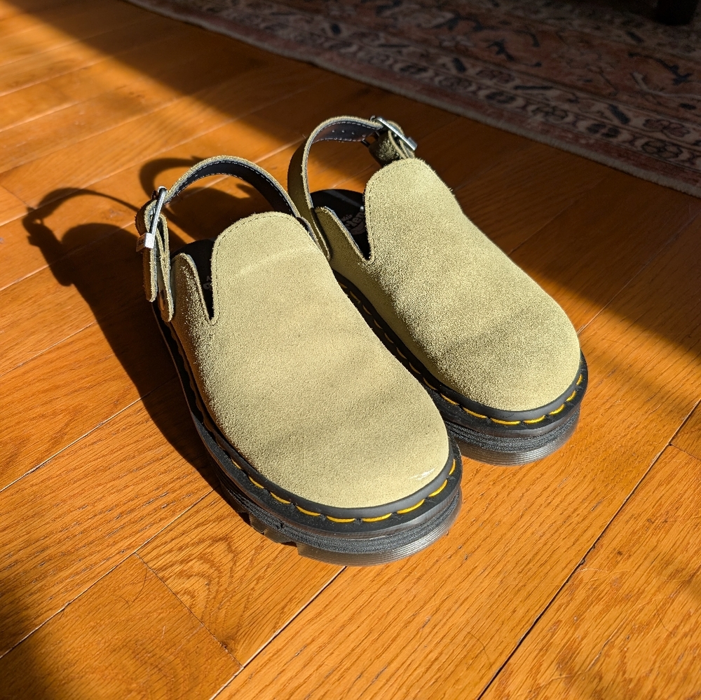 Dr. Martens Zebzag suede slingback mules in Muted Olive, size 5 US / 36 EU